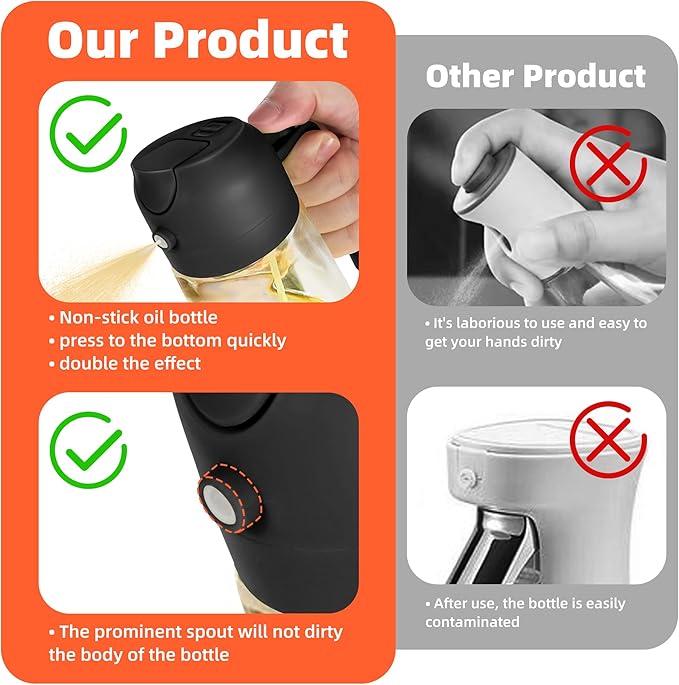 16oz/470ml Glass Olive Oil Sprayer for Cooking - 2 in 1 Olive Oil Dispenser for Kitchen Gadgets, Air Fryer, Salad, and BBQ - Black