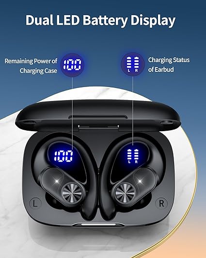 PocBuds Bluetooth Headphones Wireless Earbuds 80hrs Playtime Wireless Charging Case Digital Display Sports Ear Buds with Earhook Deep Bass IPX7 Waterproof Over-Ear Earphones for TV Phone Laptop