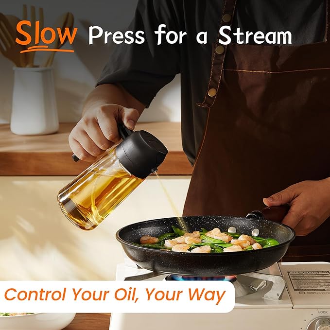 16oz/470ml Glass Olive Oil Sprayer for Cooking - 2 in 1 Olive Oil Dispenser for Kitchen Gadgets, Air Fryer, Salad, and BBQ - Black