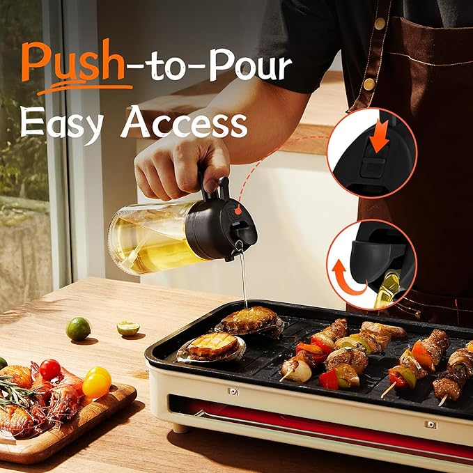 16oz/470ml Glass Olive Oil Sprayer for Cooking - 2 in 1 Olive Oil Dispenser for Kitchen Gadgets, Air Fryer, Salad, and BBQ - Black