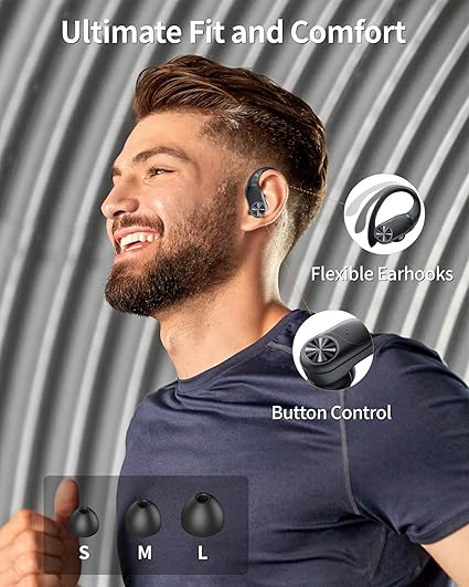 PocBuds Bluetooth Headphones Wireless Earbuds 80hrs Playtime Wireless Charging Case Digital Display Sports Ear Buds with Earhook Deep Bass IPX7 Waterproof Over-Ear Earphones for TV Phone Laptop