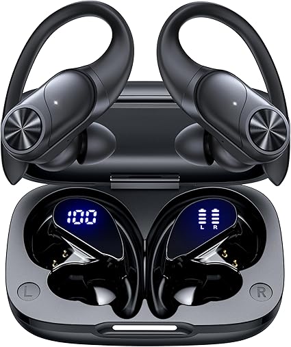 PocBuds Bluetooth Headphones Wireless Earbuds 80hrs Playtime Wireless Charging Case Digital Display Sports Ear Buds with Earhook Deep Bass IPX7 Waterproof Over-Ear Earphones for TV Phone Laptop