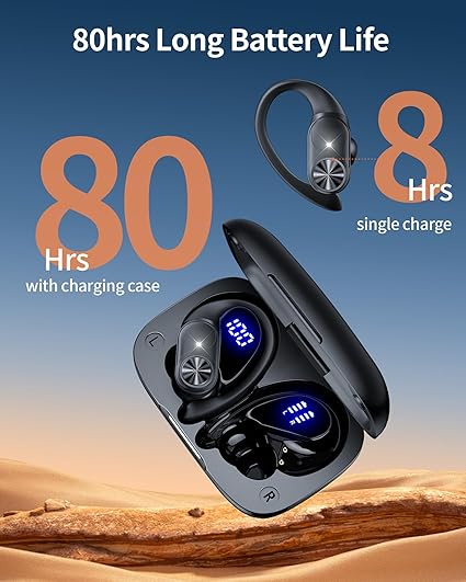 PocBuds Bluetooth Headphones Wireless Earbuds 80hrs Playtime Wireless Charging Case Digital Display Sports Ear Buds with Earhook Deep Bass IPX7 Waterproof Over-Ear Earphones for TV Phone Laptop