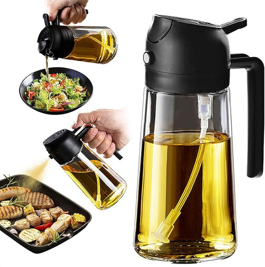 16oz/470ml Glass Olive Oil Sprayer for Cooking - 2 in 1 Olive Oil Dispenser for Kitchen Gadgets, Air Fryer, Salad, and BBQ - Black