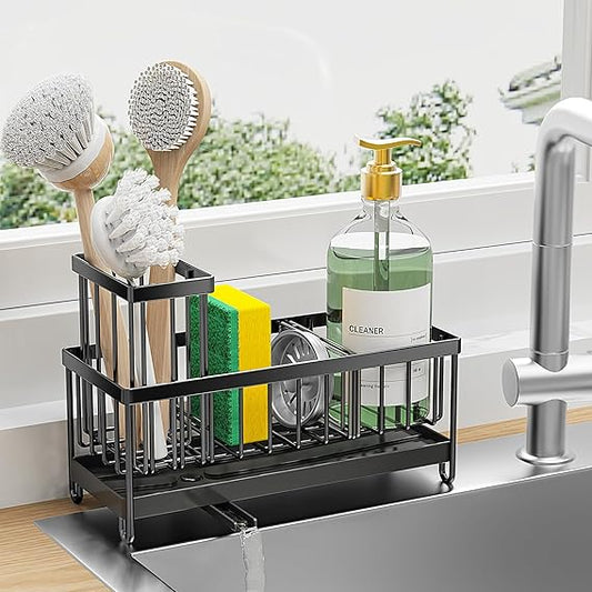 Black Sponge Holder for Kitchen Sink, Sink Caddy Organizer with High Brush Holder, Kitchen Countertop Organizers and Storage Essentials, Rustproof 304 Stainless Steel, Soap Dispenser Organize